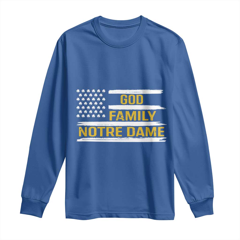 God Family Notre Dame Long Sleeve Shirt Indiana Fighting Irish Shamrock American Flag TS02 Royal Blue Print Your Wear