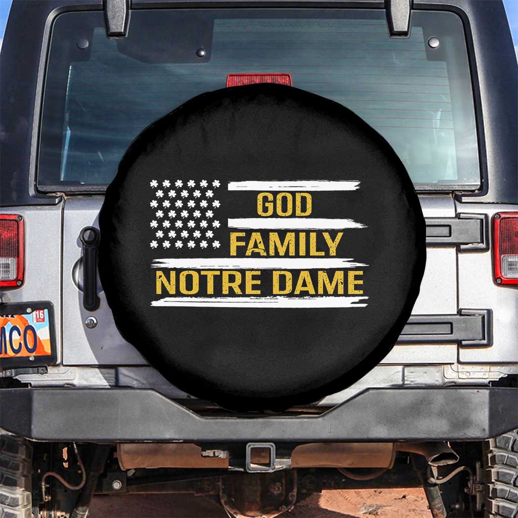 God Family Notre Dame Spare Tire Cover Indiana Fighting Irish Shamrock American Flag TS02 No hole Black Print Your Wear