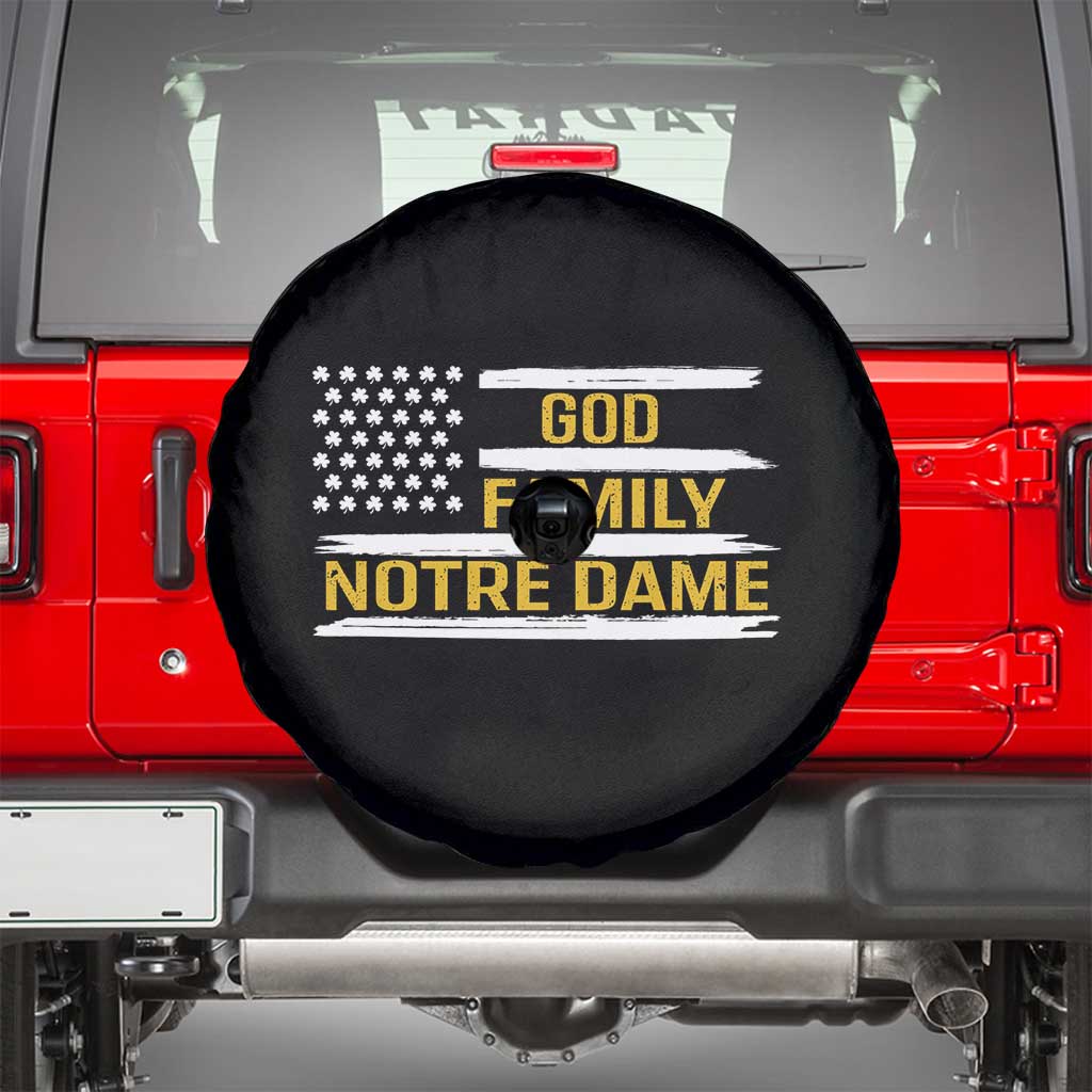 God Family Notre Dame Spare Tire Cover Indiana Fighting Irish Shamrock American Flag TS02 Black Print Your Wear