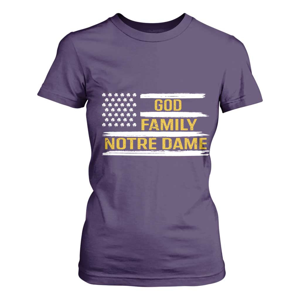 God Family Notre Dame T Shirt For Women Indiana Fighting Irish Shamrock American Flag TS02 Purple Print Your Wear