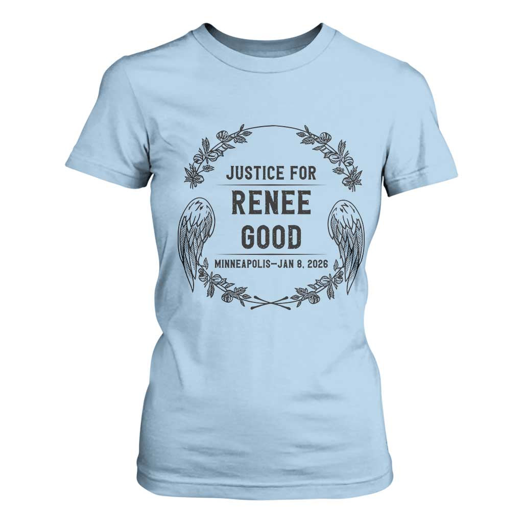 Justice for Renee Good T Shirt For Women Minneapolis January 8 2026 Tribute Memorial Wreath TS02 Light Blue Print Your Wear
