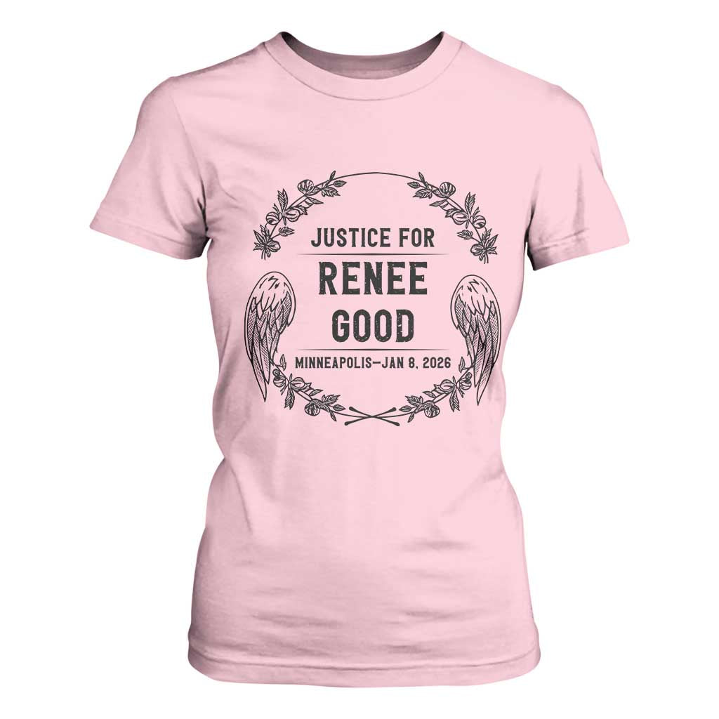Justice for Renee Good T Shirt For Women Minneapolis January 8 2026 Tribute Memorial Wreath TS02 Light Pink Print Your Wear