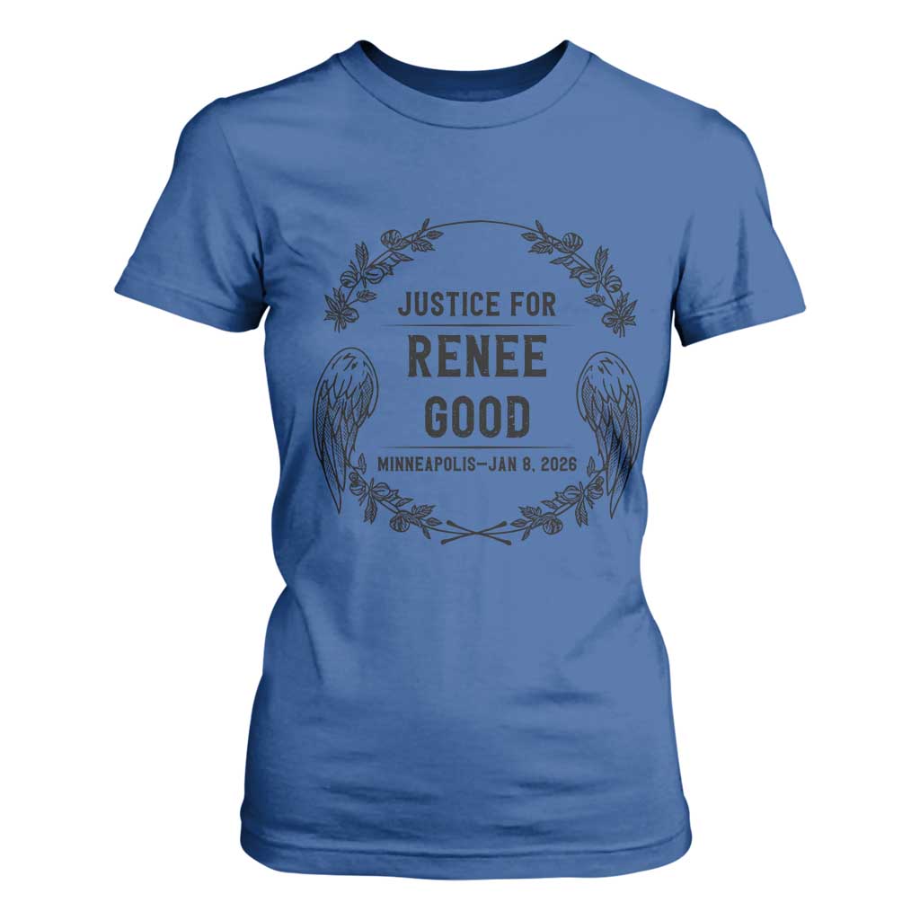 Justice for Renee Good T Shirt For Women Minneapolis January 8 2026 Tribute Memorial Wreath TS02 Royal Blue Print Your Wear