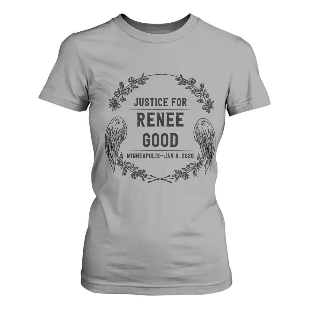 Justice for Renee Good T Shirt For Women Minneapolis January 8 2026 Tribute Memorial Wreath TS02 Sport Gray Print Your Wear