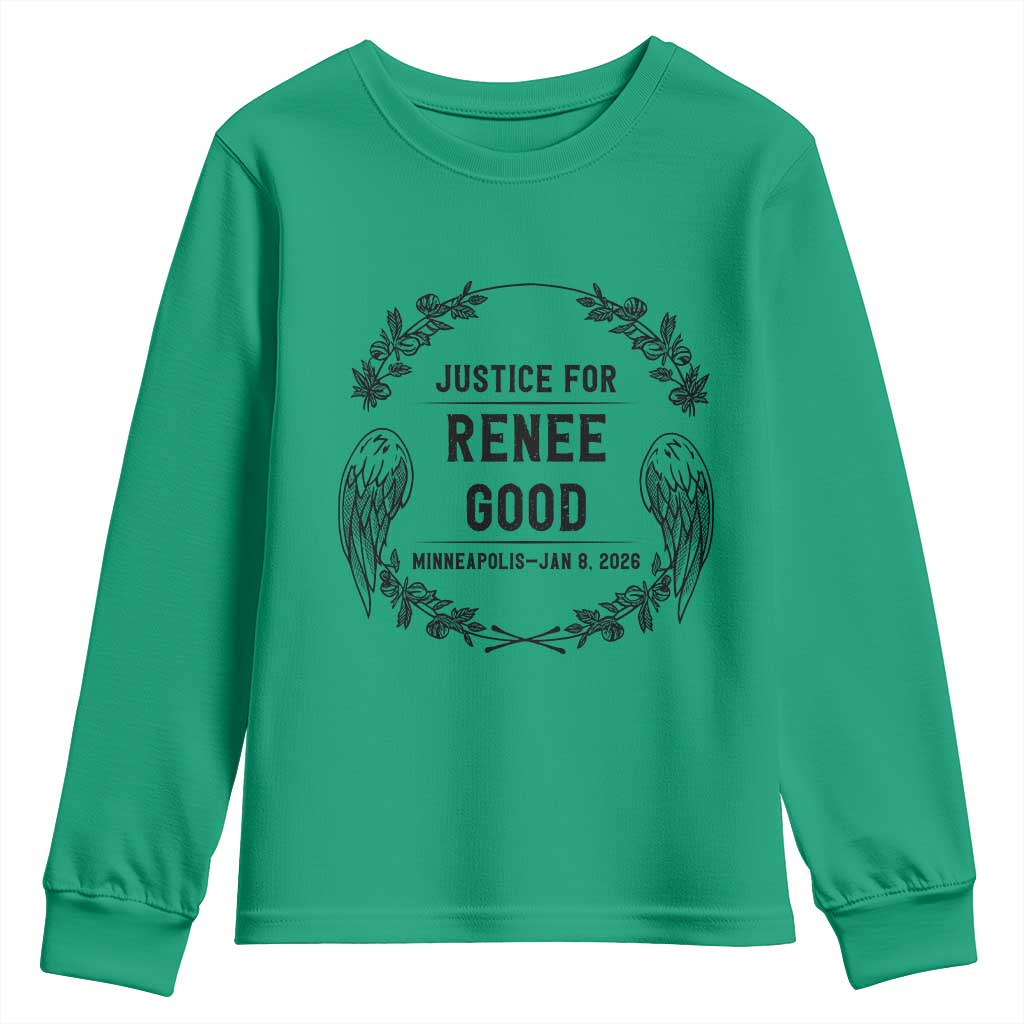 Justice for Renee Good Youth Sweatshirt Minneapolis January 8 2026 Tribute Memorial Wreath TS02 Irish Green Print Your Wear