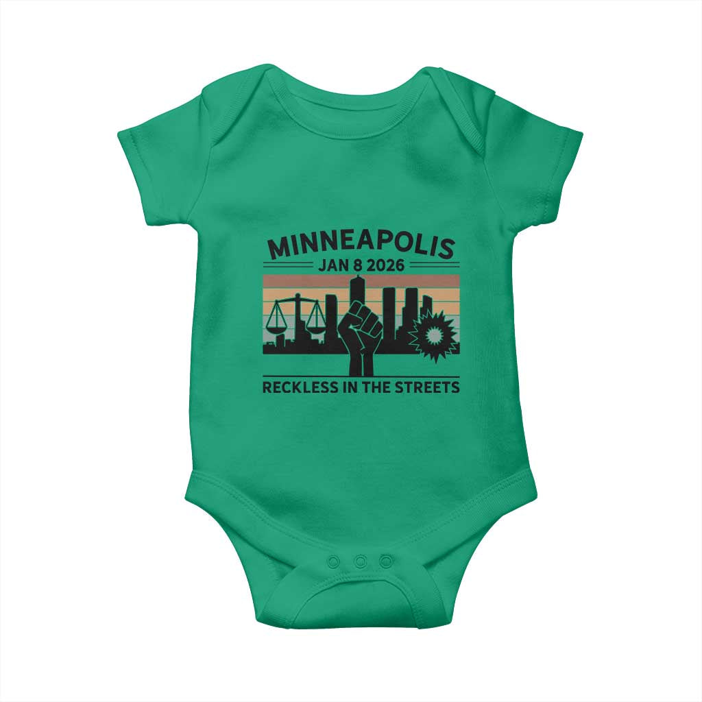 Minneapolis January 8 2026 Justice Movement Baby Onesie Reckless in the Streets Protest TS02 Irish Green Print Your Wear