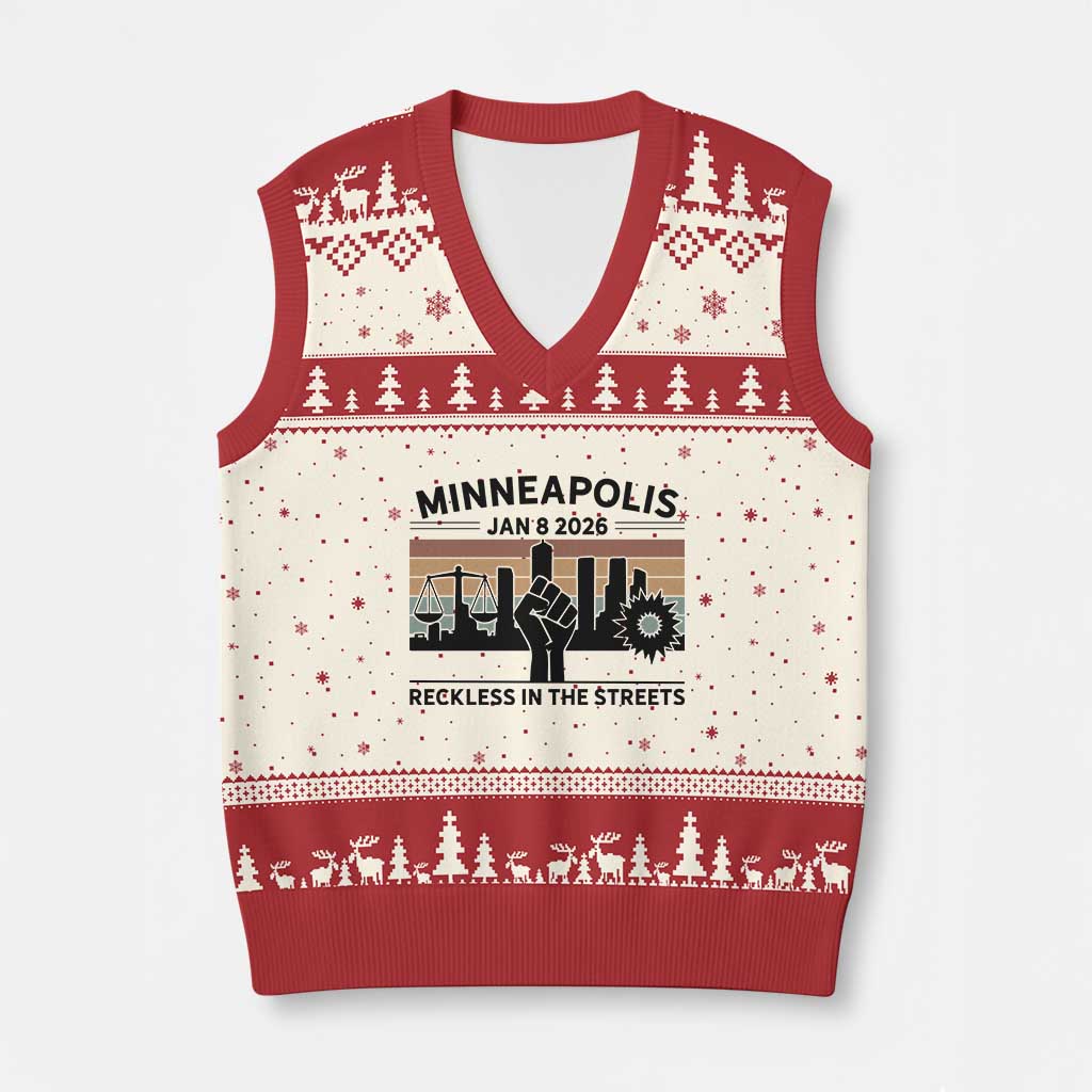 Minneapolis January 8 2026 Justice Movement V-Neck Knit Sweater Vest Reckless in the Streets Protest TS02 Beige Red Print Your Wear