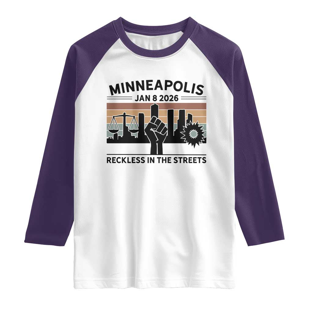 Minneapolis January 8 2026 Justice Movement Raglan Shirt Reckless in the Streets Protest TS02 White Purple Print Your Wear