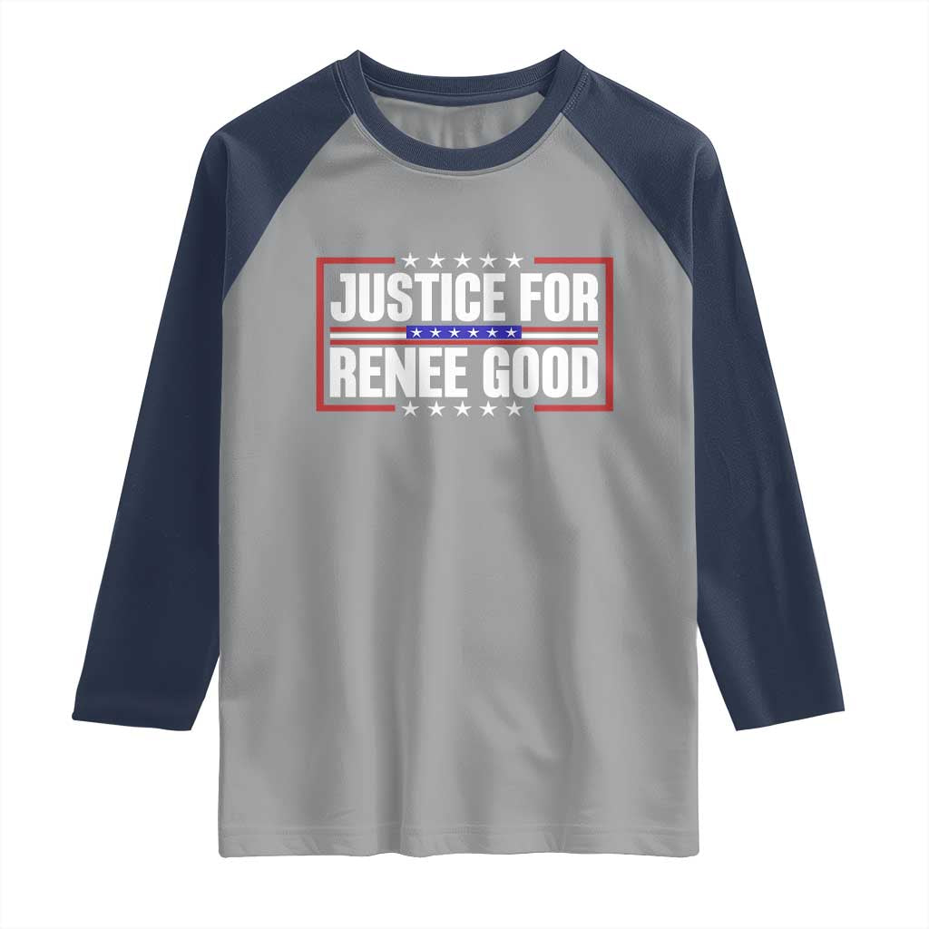 Justice for Renee Good Patriotic Raglan Shirt Minneapolis Jan 8 2026 Memorial Red White and Blue TS02 Sport Gray Navy Print Your Wear