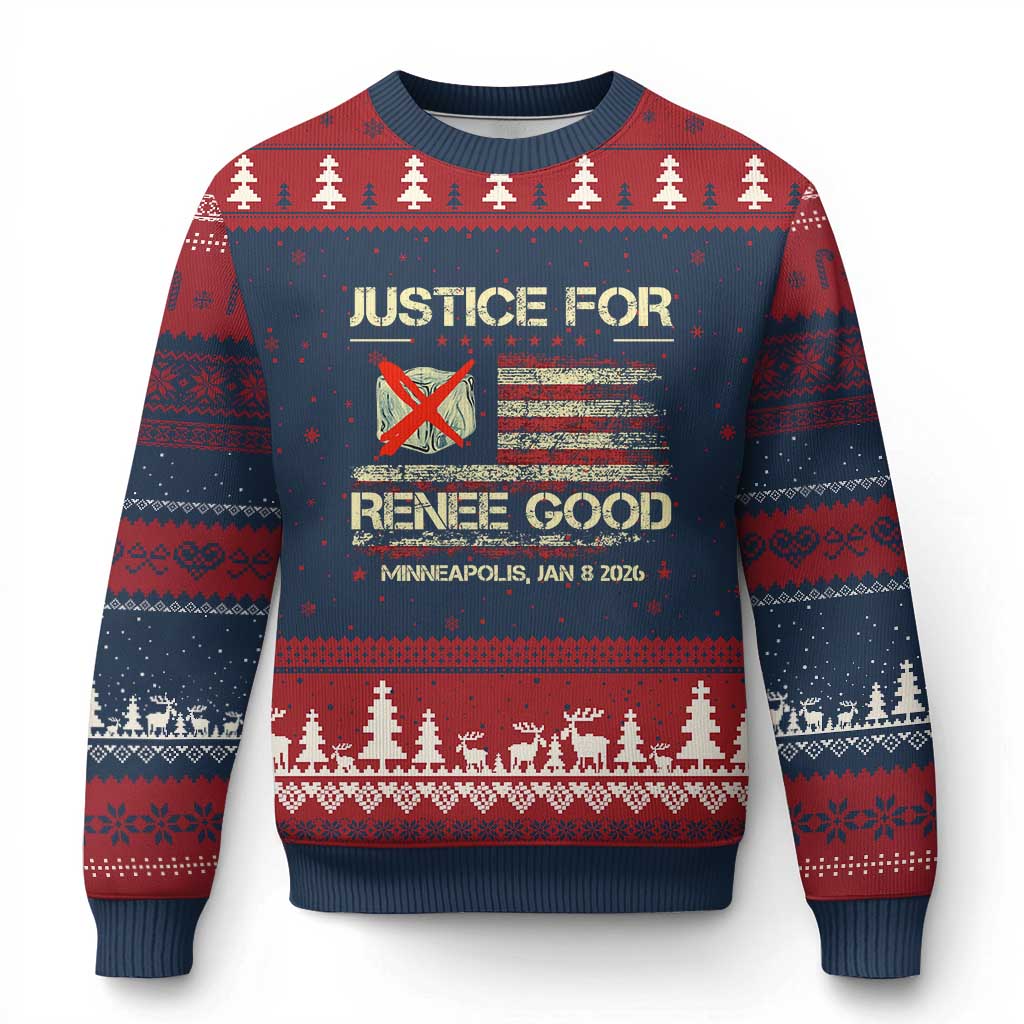 Justice for Renee Good Ugly Christmas Sweater Minneapolis Jan 8 2026 American Flag Stop Ice - Print Your Wear