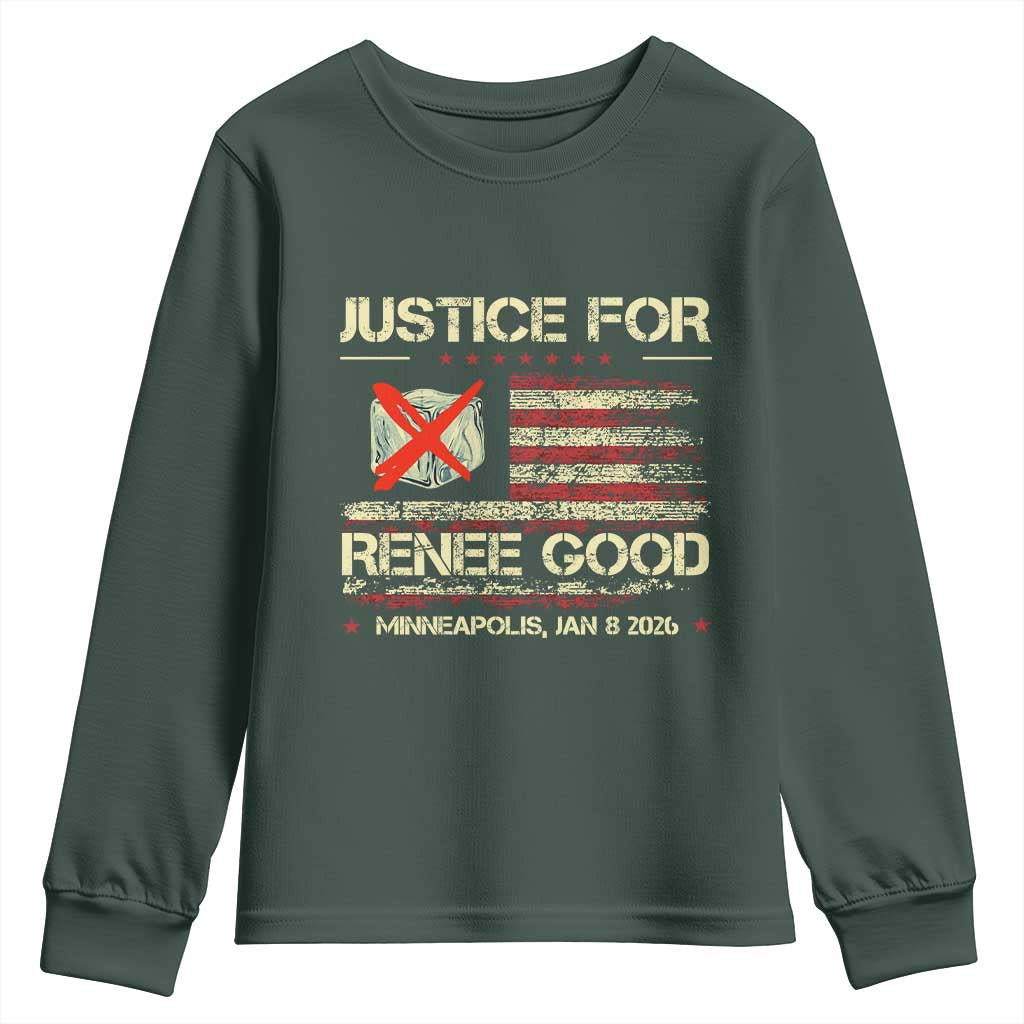 Justice for Renee Good Youth Sweatshirt Minneapolis Jan 8 2026 American Flag Stop Ice TS02 Dark Forest Green Print Your Wear