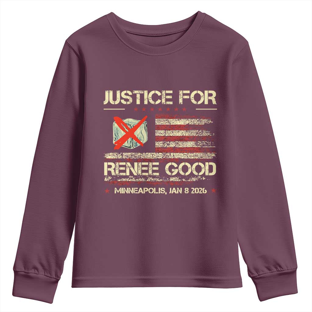 Justice for Renee Good Youth Sweatshirt Minneapolis Jan 8 2026 American Flag Stop Ice TS02 Maroon Print Your Wear