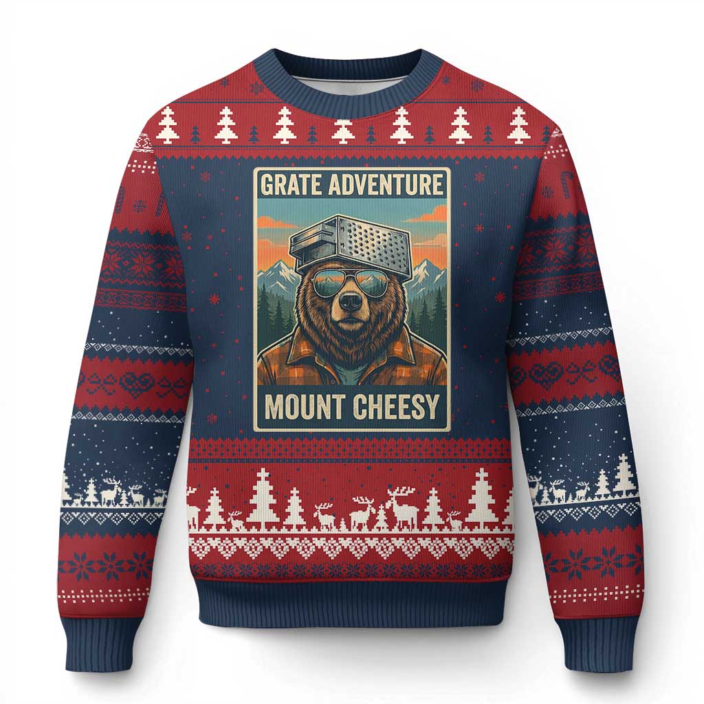 Grate Adventure at Mount Cheesy Vintage Hiking Bear Ugly Christmas Sweater Cheese Grate Pun Parody for Foorball Fans TS02 Navy Red Print Your Wear