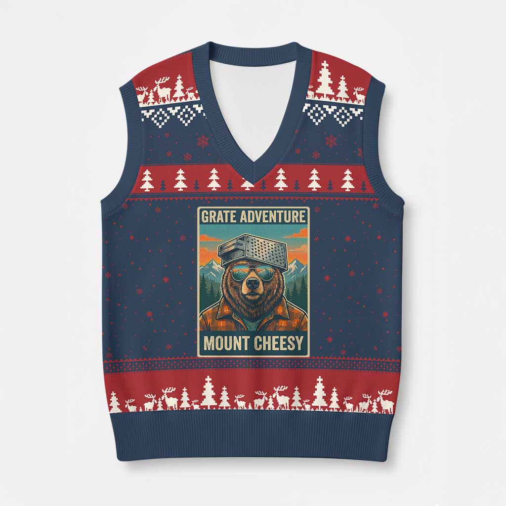 Grate Adventure at Mount Cheesy Vintage Hiking Bear V-Neck Knit Sweater Vest Cheese Grate Pun Parody for Foorball Fans TS02 Navy Red Print Your Wear