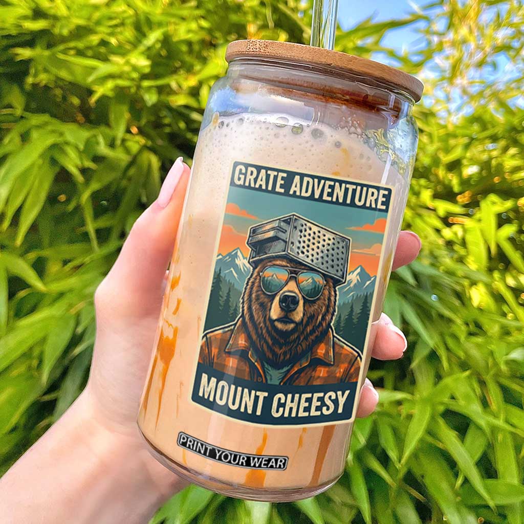 Grate Adventure at Mount Cheesy Vintage Hiking Bear Glass Can Cheese Grate Pun Parody for Foorball Fans TS02 Navy Print Your Wear