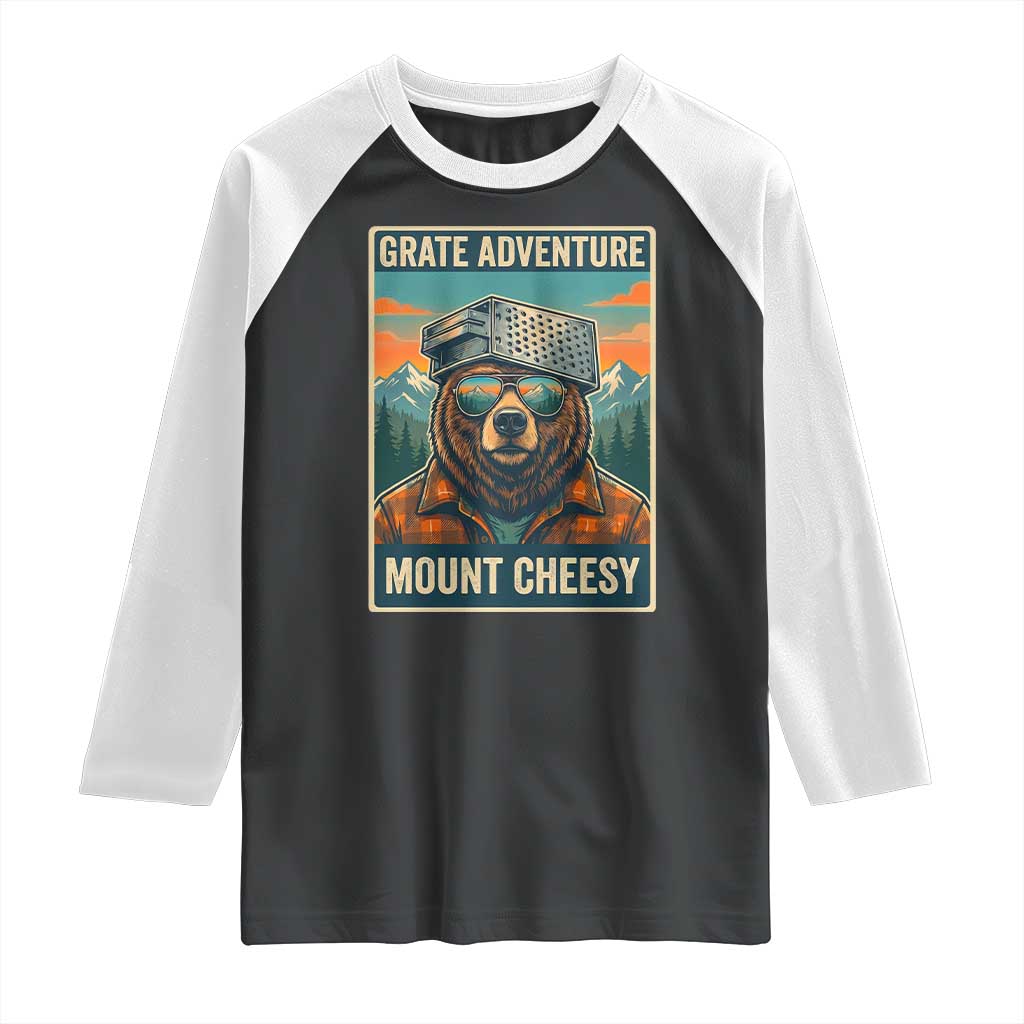 Grate Adventure at Mount Cheesy Vintage Hiking Bear Raglan Shirt Cheese Grate Pun Parody for Foorball Fans TS02 Black White Print Your Wear