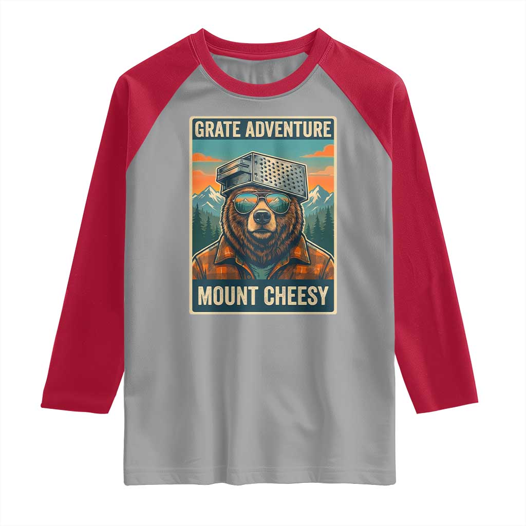 Grate Adventure at Mount Cheesy Vintage Hiking Bear Raglan Shirt Cheese Grate Pun Parody for Foorball Fans TS02 Sport Gray Red Print Your Wear