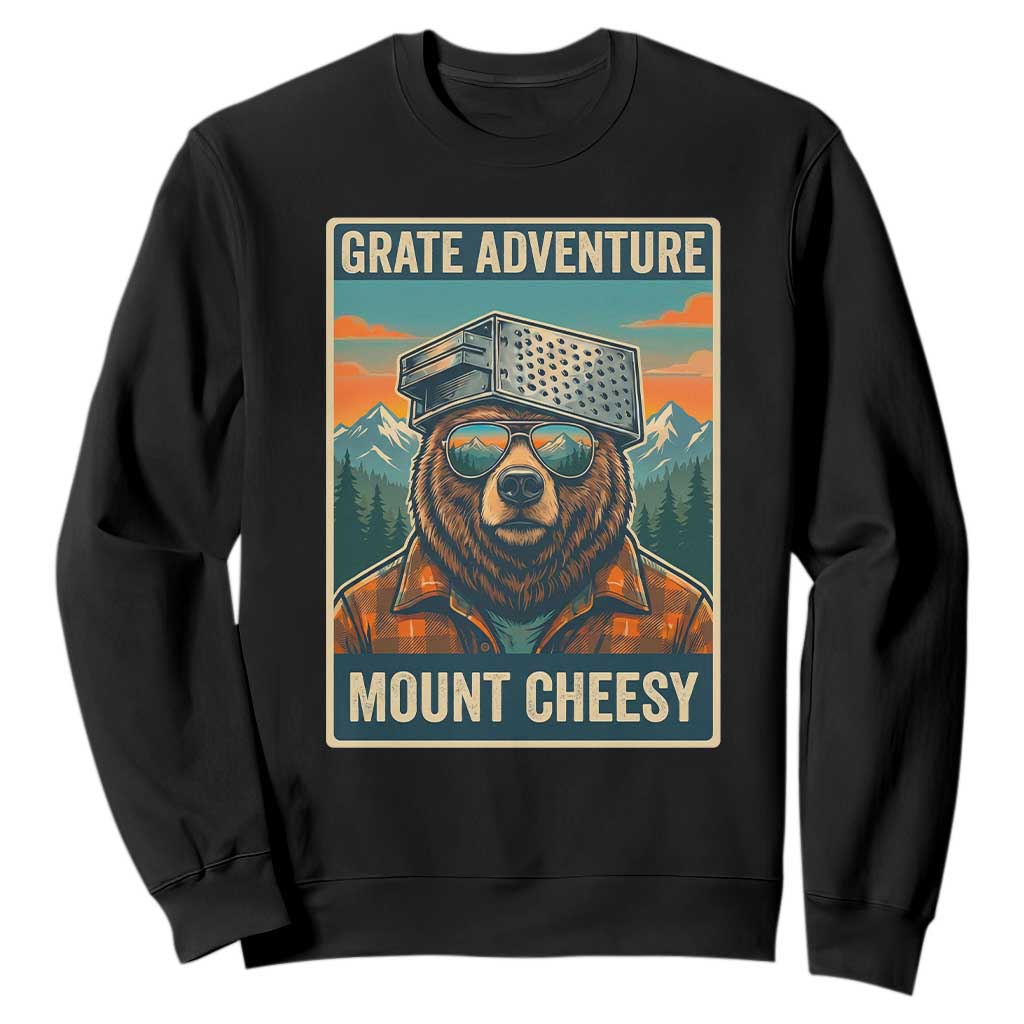 Grate Adventure at Mount Cheesy Vintage Hiking Bear Sweatshirt Cheese Grate Pun Parody for Foorball Fans TS02 Black Print Your Wear