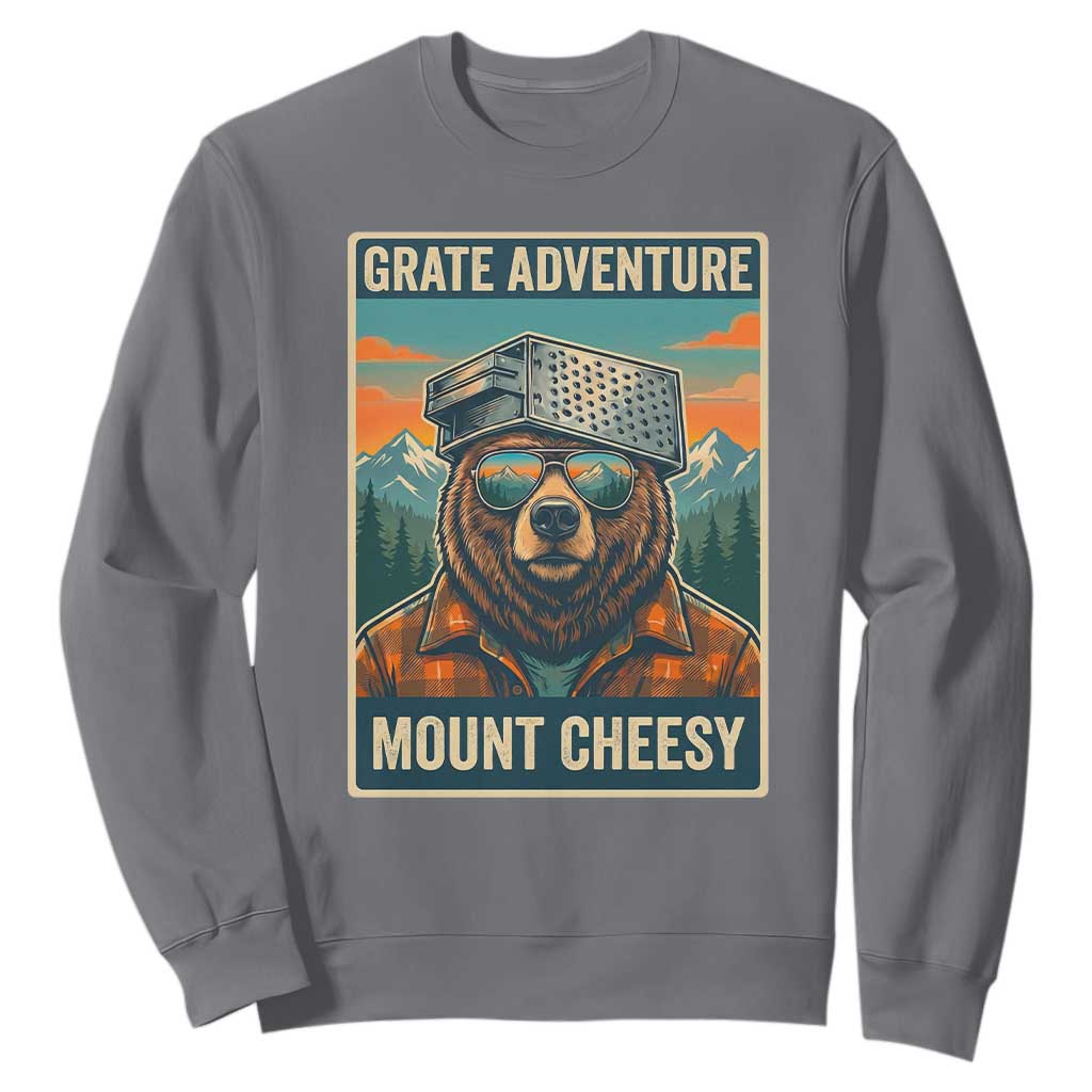 Grate Adventure at Mount Cheesy Vintage Hiking Bear Sweatshirt Cheese Grate Pun Parody for Foorball Fans TS02 Charcoal Print Your Wear