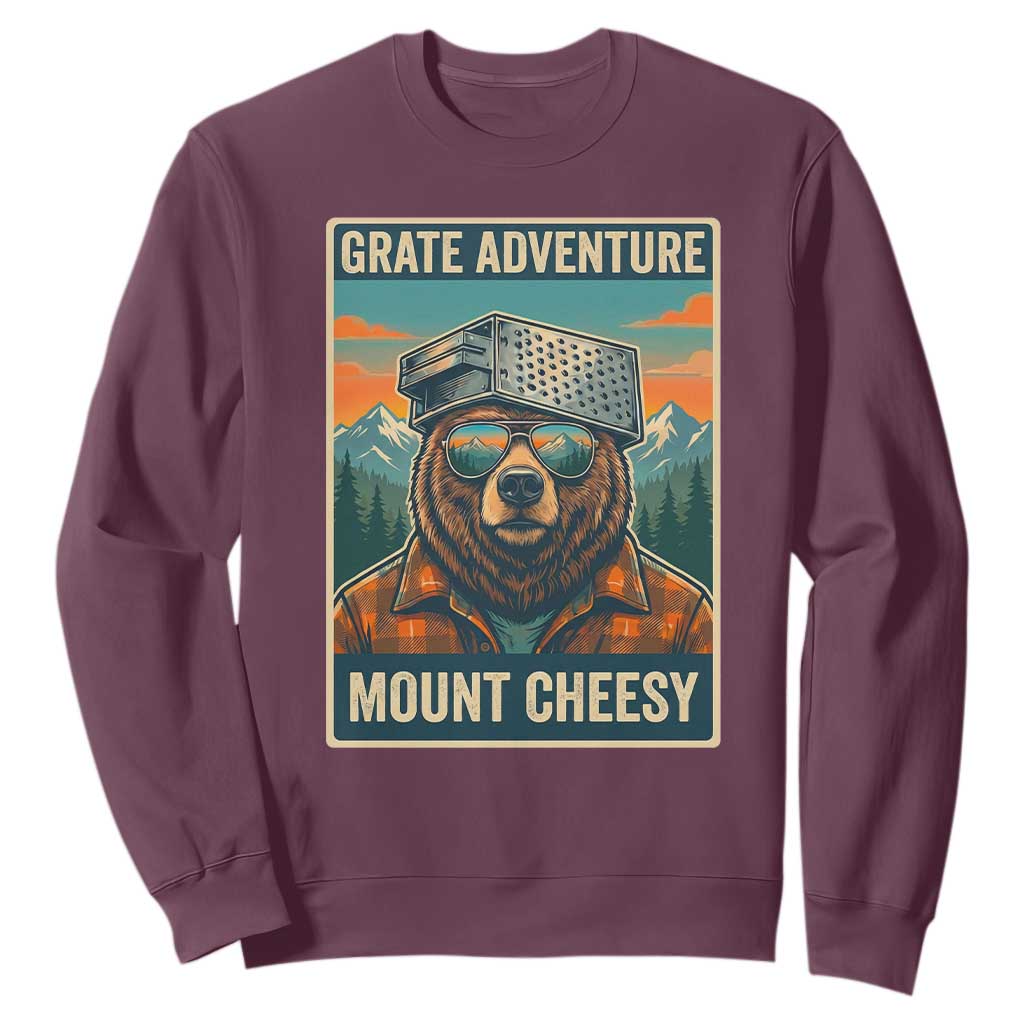 Grate Adventure at Mount Cheesy Vintage Hiking Bear Sweatshirt Cheese Grate Pun Parody for Foorball Fans TS02 Maroon Print Your Wear
