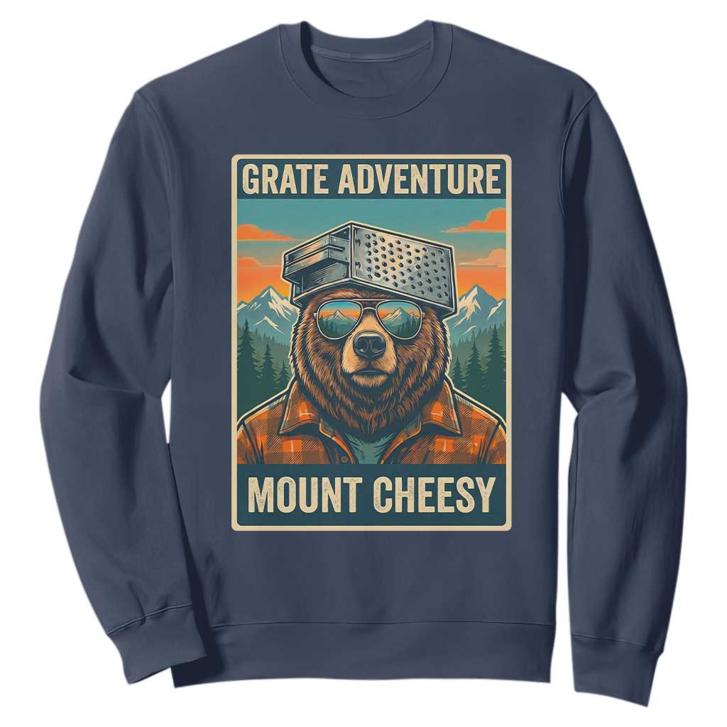 Grate Adventure at Mount Cheesy Vintage Hiking Bear Sweatshirt Cheese Grate Pun Parody for Foorball Fans TS02 Navy Print Your Wear