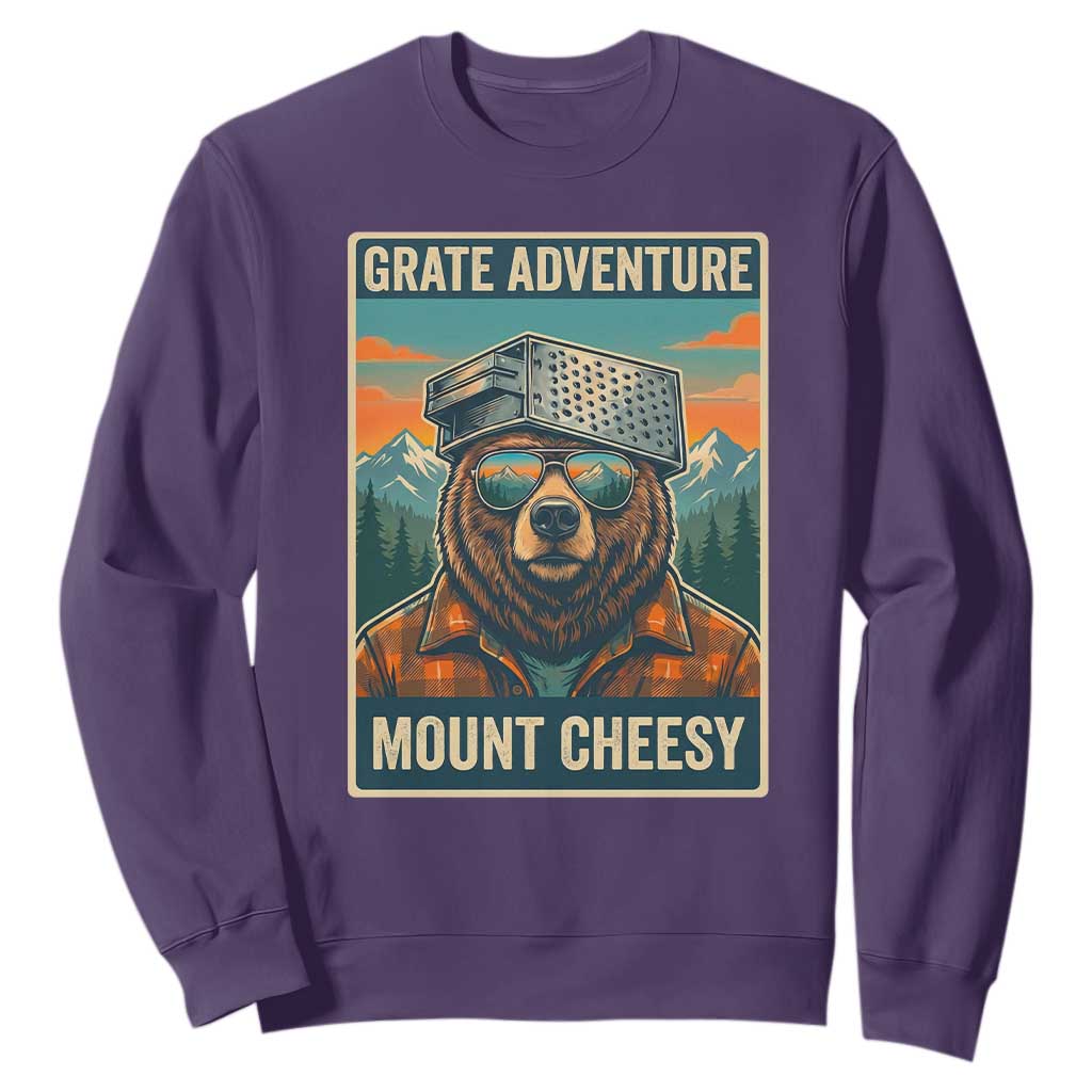 Grate Adventure at Mount Cheesy Vintage Hiking Bear Sweatshirt Cheese Grate Pun Parody for Foorball Fans TS02 Purple Print Your Wear