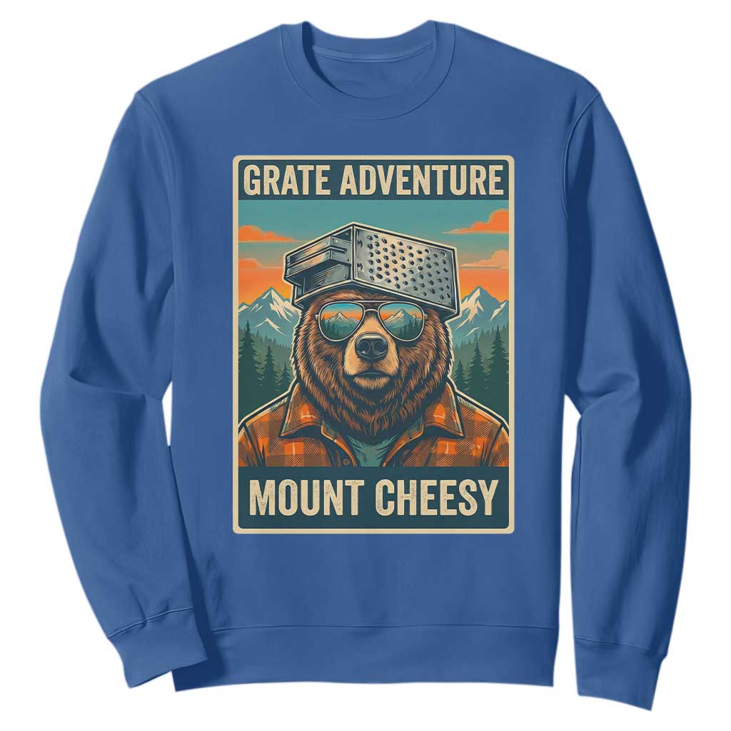 Grate Adventure at Mount Cheesy Vintage Hiking Bear Sweatshirt Cheese Grate Pun Parody for Foorball Fans TS02 Royal Blue Print Your Wear