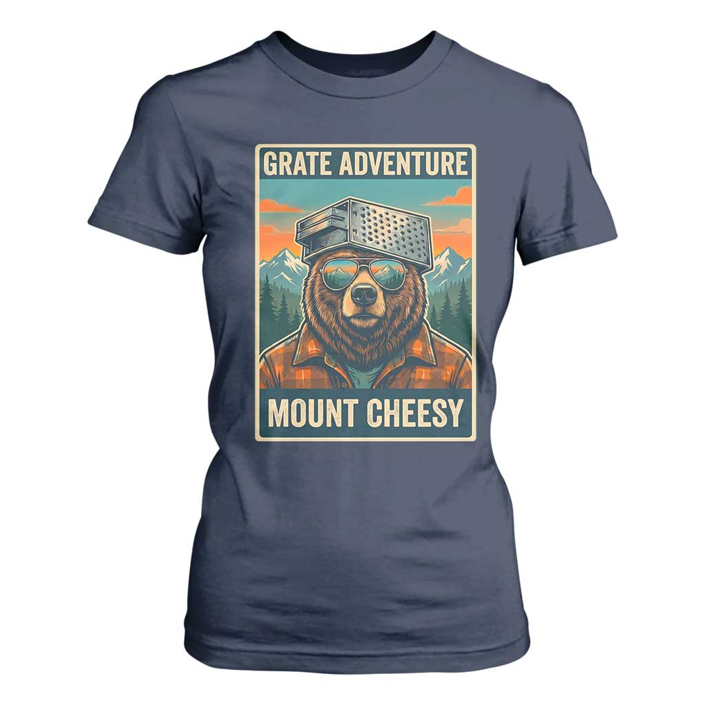Grate Adventure at Mount Cheesy Vintage Hiking Bear T Shirt For Women Cheese Grate Pun Parody for Foorball Fans TS02 Navy Print Your Wear