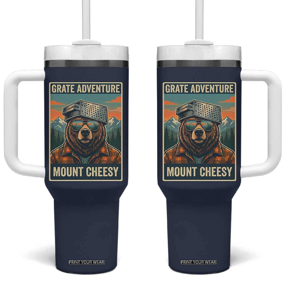 Grate Adventure at Mount Cheesy Vintage Hiking Bear Tumbler With Handle Cheese Grate Pun Parody for Foorball Fans TS02 One Size: 40 oz Navy Print Your Wear