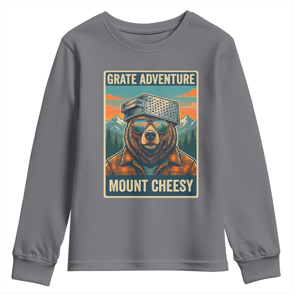 Grate Adventure at Mount Cheesy Vintage Hiking Bear Youth Sweatshirt Cheese Grate Pun Parody for Foorball Fans TS02 Charcoal Print Your Wear