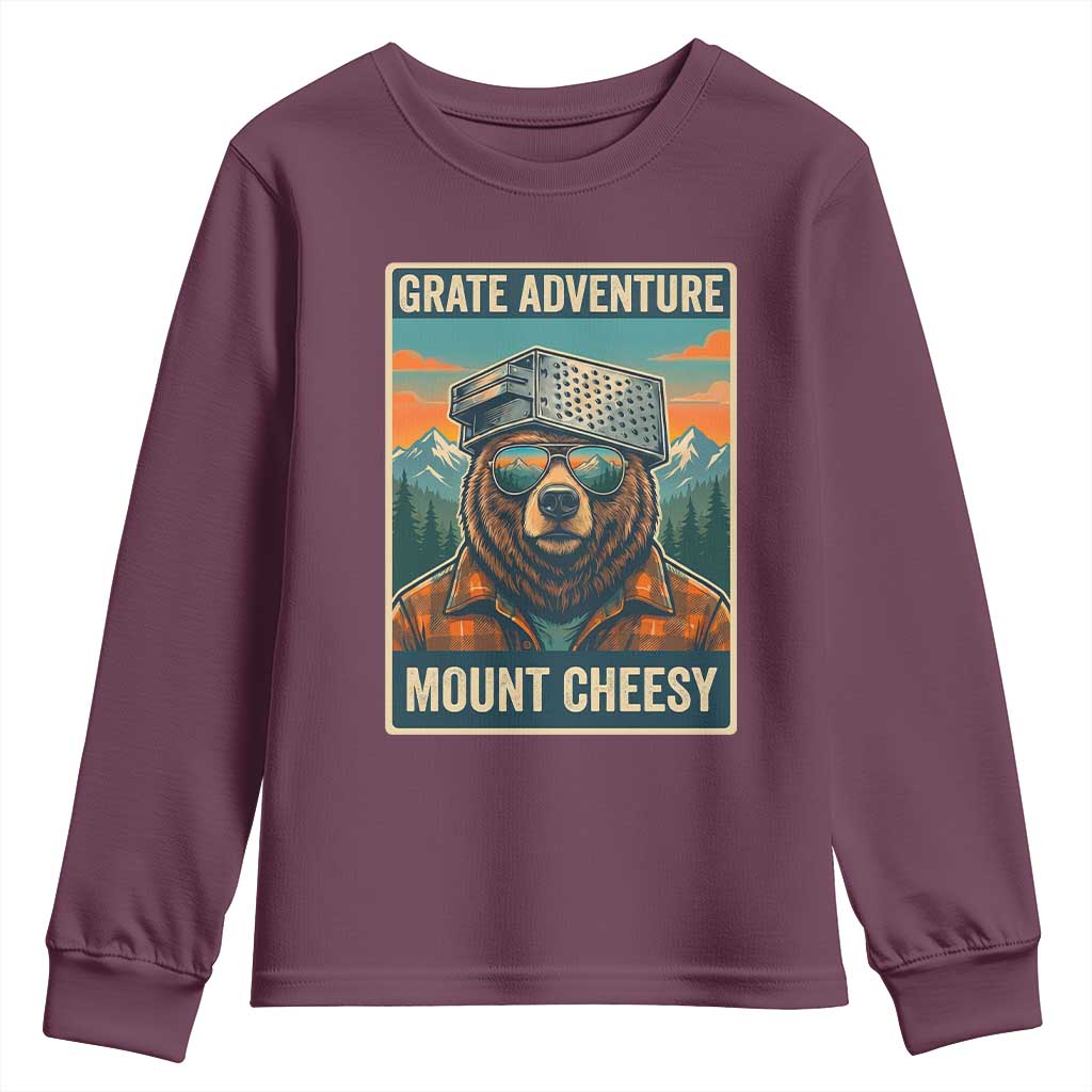 Grate Adventure at Mount Cheesy Vintage Hiking Bear Youth Sweatshirt Cheese Grate Pun Parody for Foorball Fans TS02 Maroon Print Your Wear