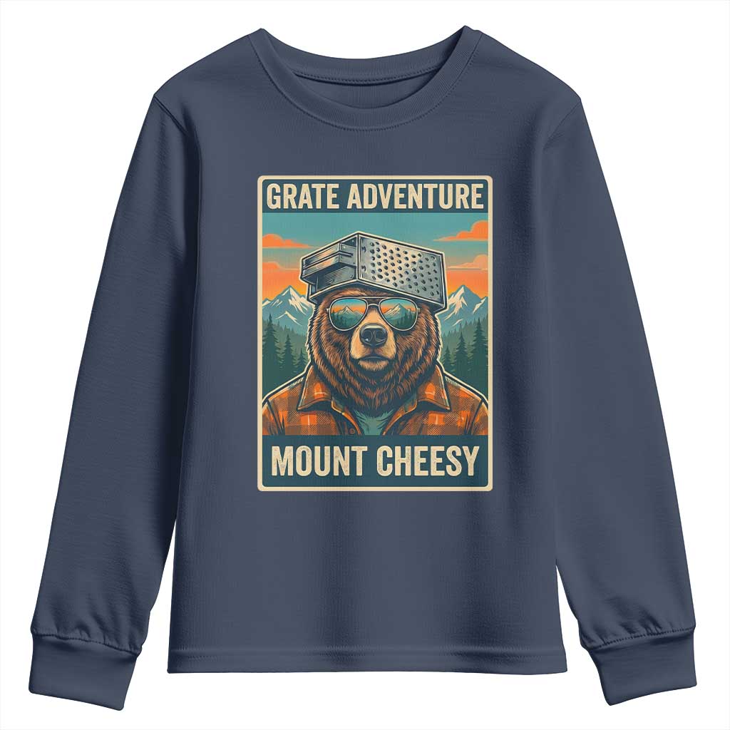 Grate Adventure at Mount Cheesy Vintage Hiking Bear Youth Sweatshirt Cheese Grate Pun Parody for Foorball Fans TS02 Navy Print Your Wear
