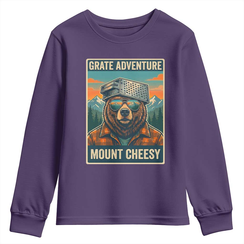 Grate Adventure at Mount Cheesy Vintage Hiking Bear Youth Sweatshirt Cheese Grate Pun Parody for Foorball Fans TS02 Purple Print Your Wear