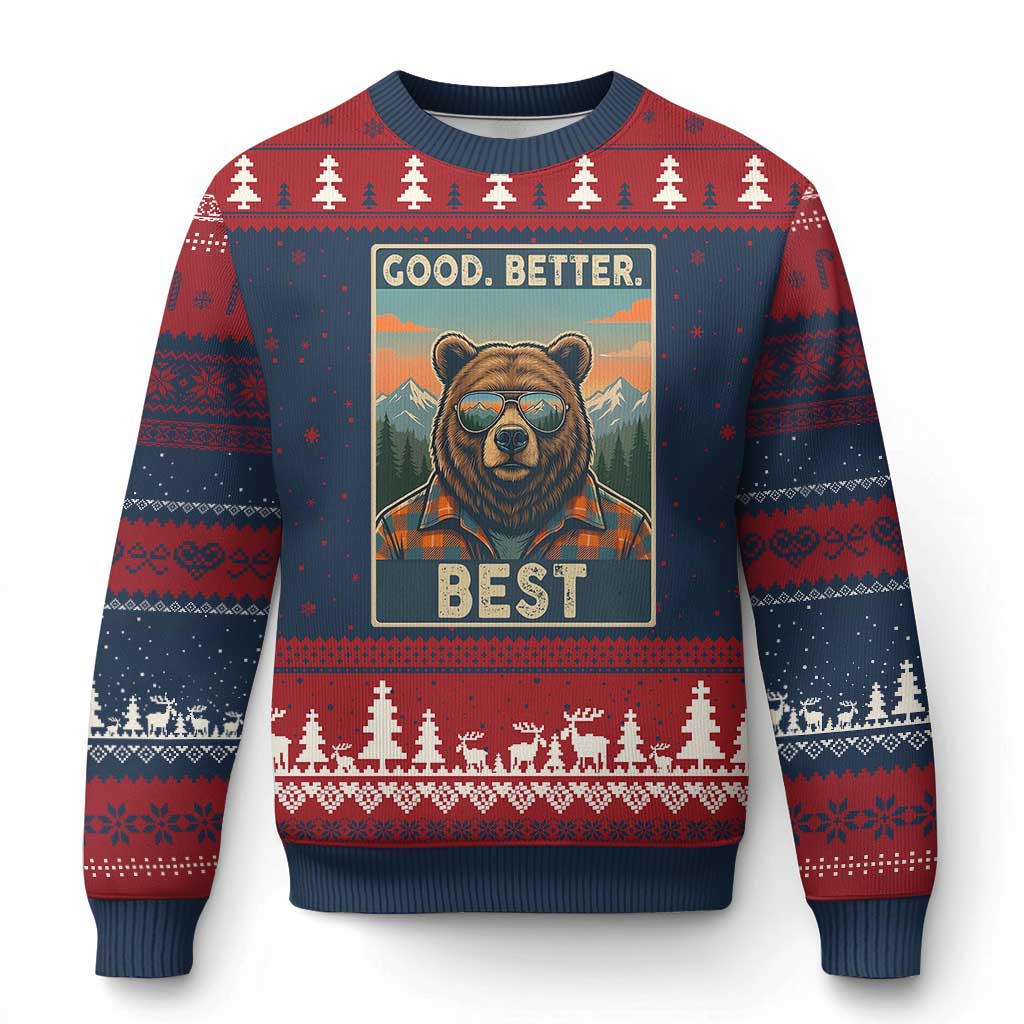 Good Better Best Motivational Hiking Bear Ugly Christmas Sweater Outdoor Adventure Poster Graphic TS02 Navy Red Print Your Wear