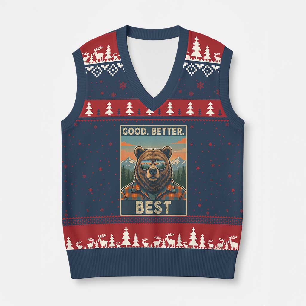 Good Better Best Motivational Hiking Bear V-Neck Knit Sweater Vest Outdoor Adventure Poster Graphic TS02 Navy Red Print Your Wear