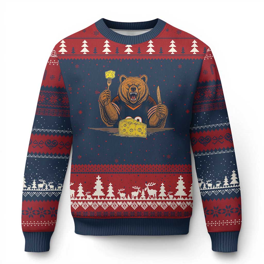 Fierce Bear Eating Cheese Ugly Christmas Sweater Let's Eat Cheese Funny Sports Rivalry TS02 Navy Red Print Your Wear