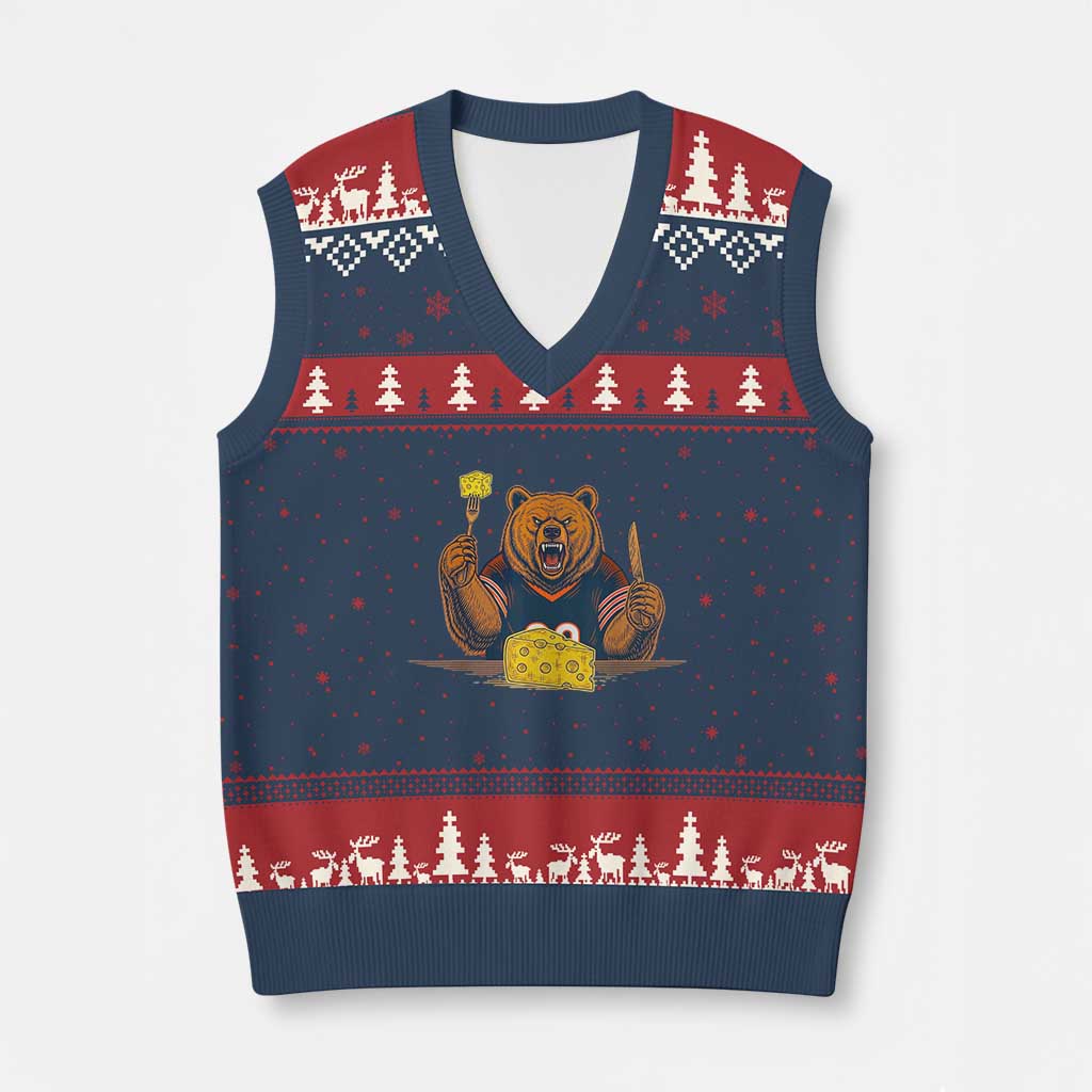 Fierce Bear Eating Cheese V-Neck Knit Sweater Vest Let's Eat Cheese Funny Sports Rivalry TS02 Navy Red Print Your Wear