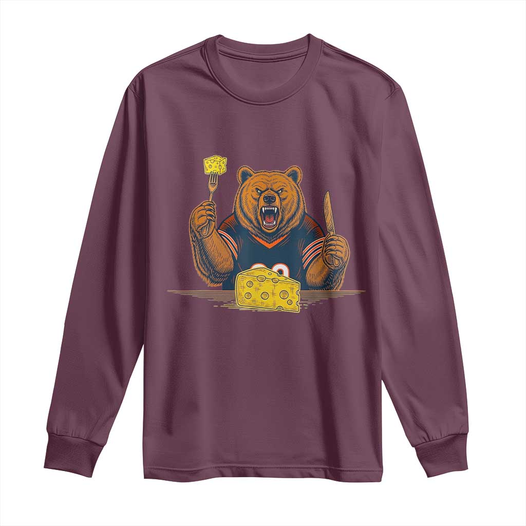 Fierce Bear Eating Cheese Long Sleeve Shirt Let's Eat Cheese Funny Sports Rivalry TS02 Maroon Print Your Wear