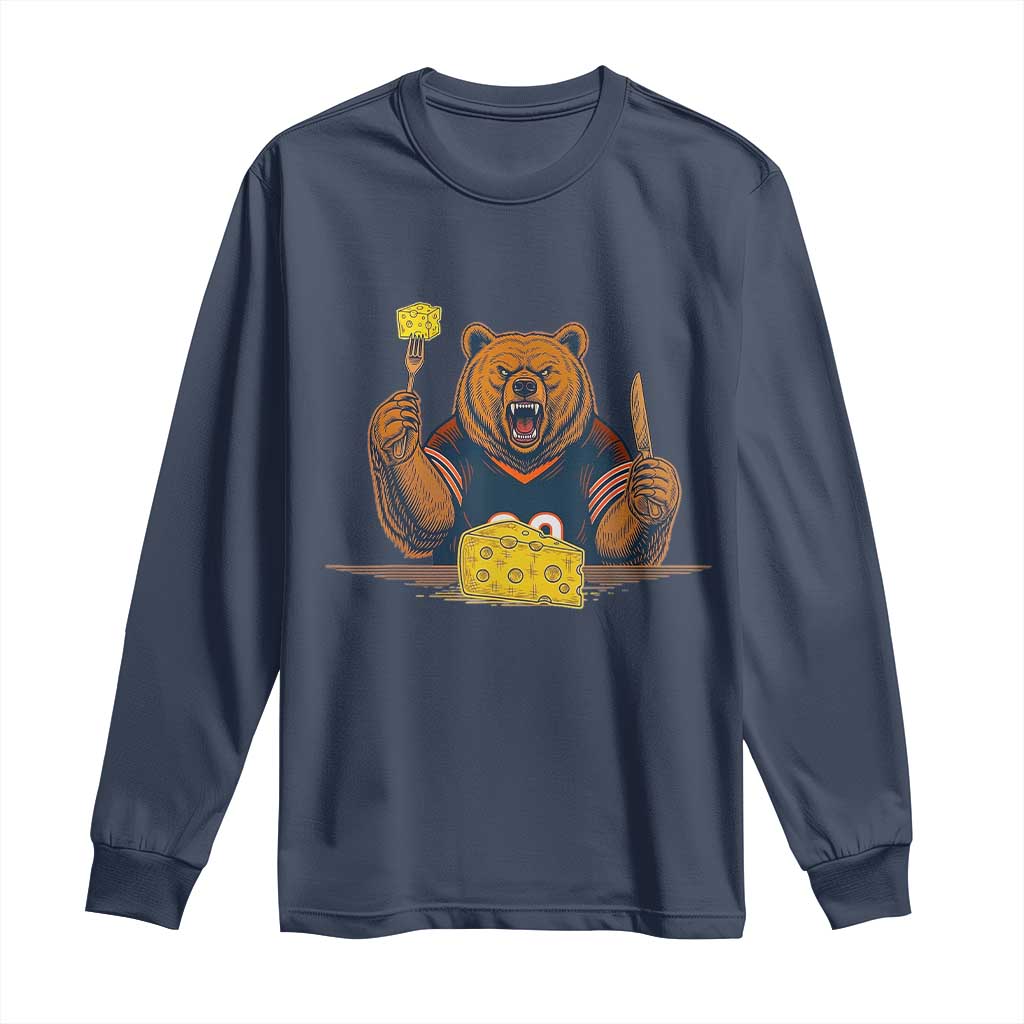 Fierce Bear Eating Cheese Long Sleeve Shirt Let's Eat Cheese Funny Sports Rivalry TS02 Navy Print Your Wear