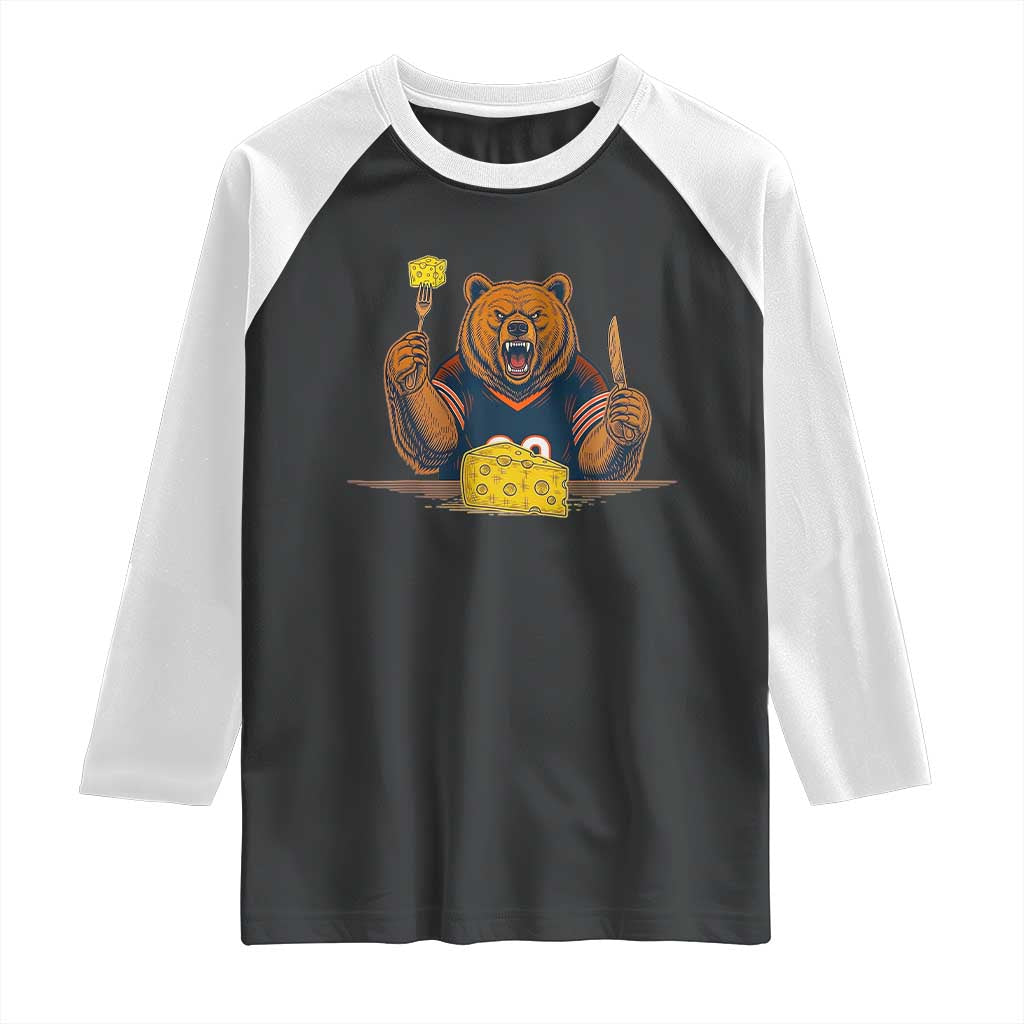 Fierce Bear Eating Cheese Raglan Shirt Let's Eat Cheese Funny Sports Rivalry TS02 Black White Print Your Wear