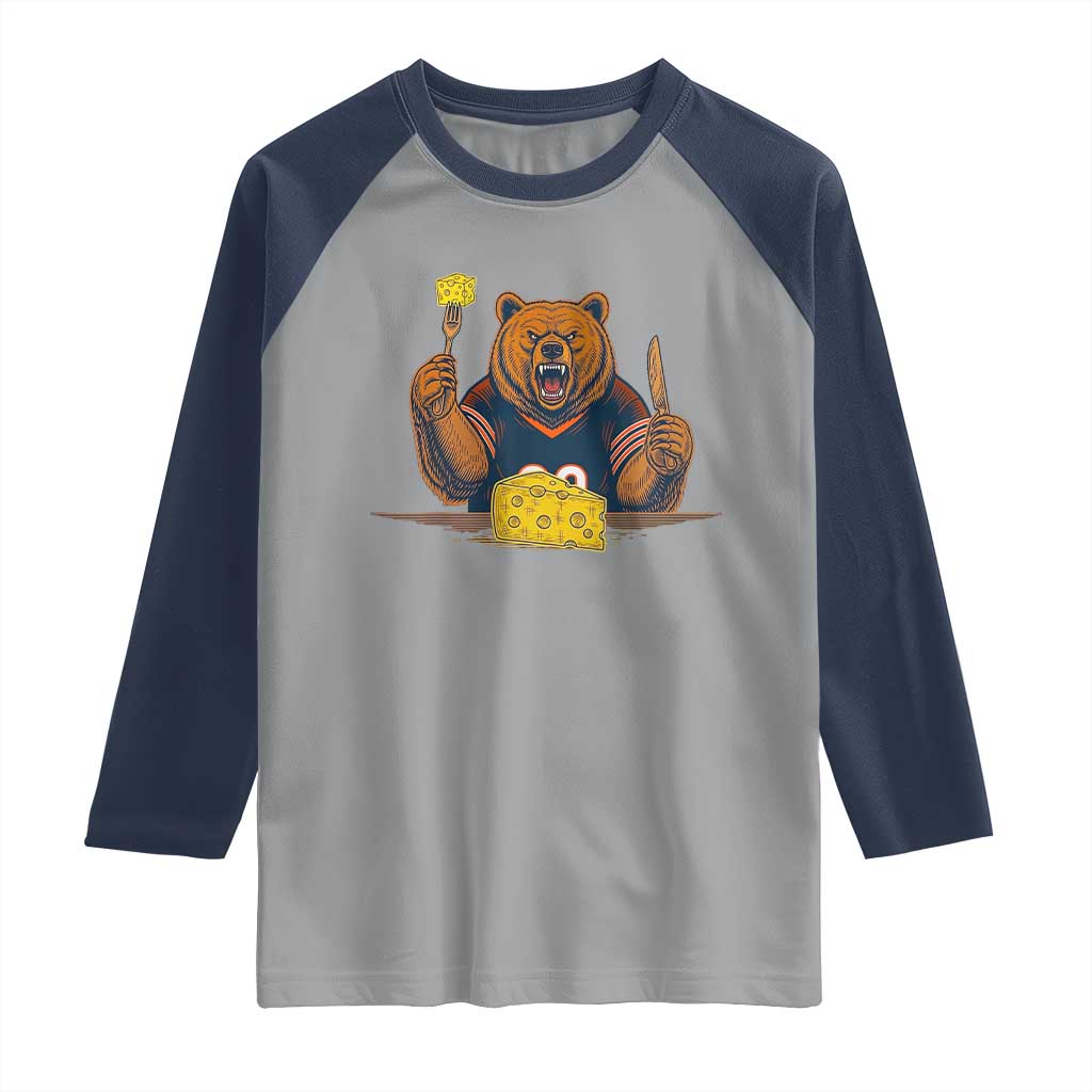 Fierce Bear Eating Cheese Raglan Shirt Let's Eat Cheese Funny Sports Rivalry TS02 Sport Gray Navy Print Your Wear
