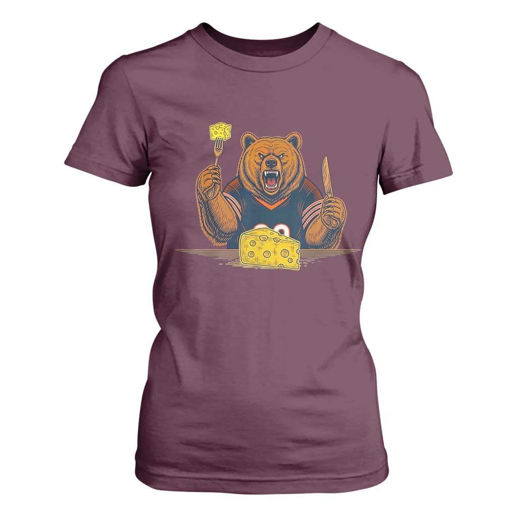 Fierce Bear Eating Cheese T Shirt For Women Let's Eat Cheese Funny Sports Rivalry TS02 Maroon Print Your Wear