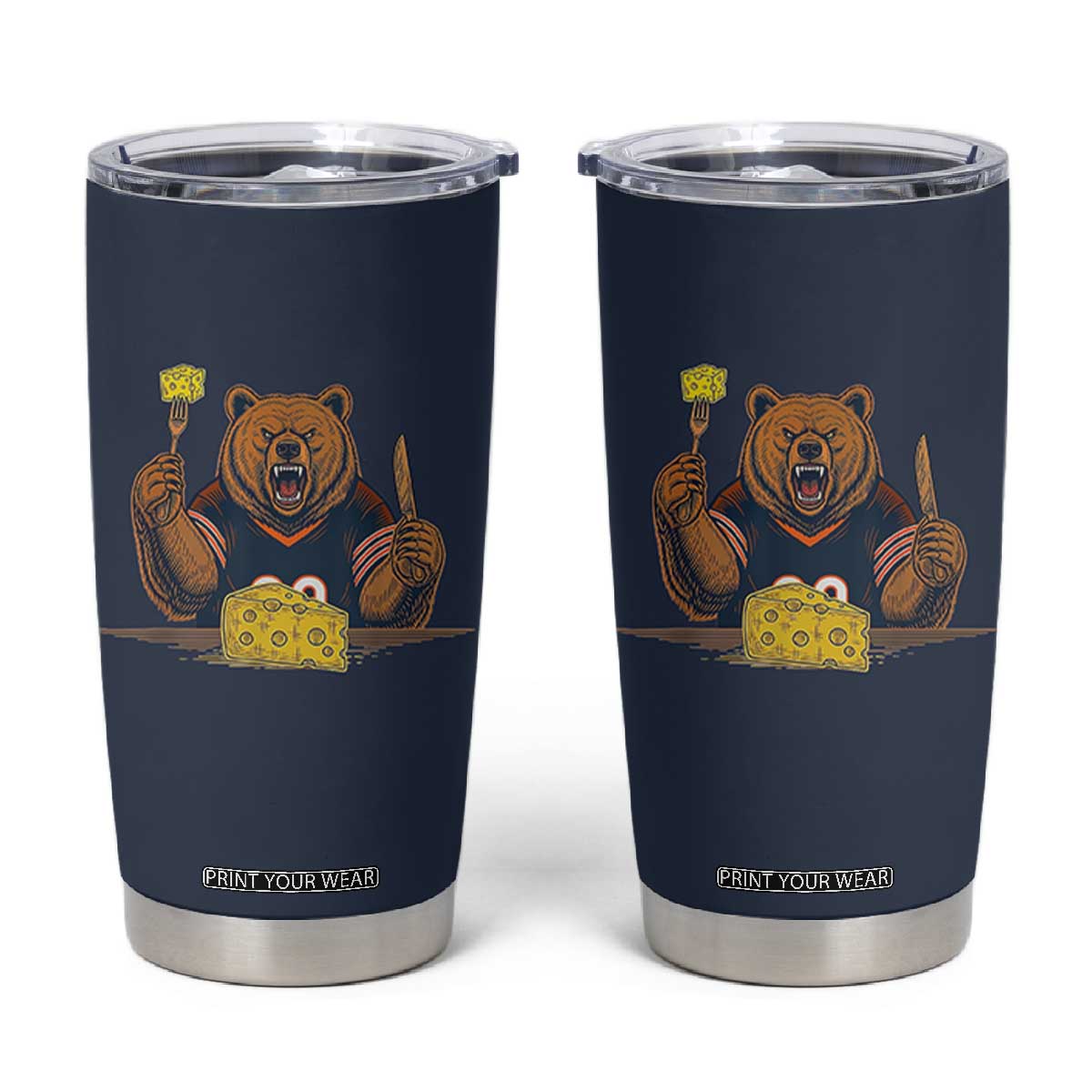 Fierce Bear Eating Cheese Tumbler Cup Let's Eat Cheese Funny Sports Rivalry TS02 Navy Print Your Wear