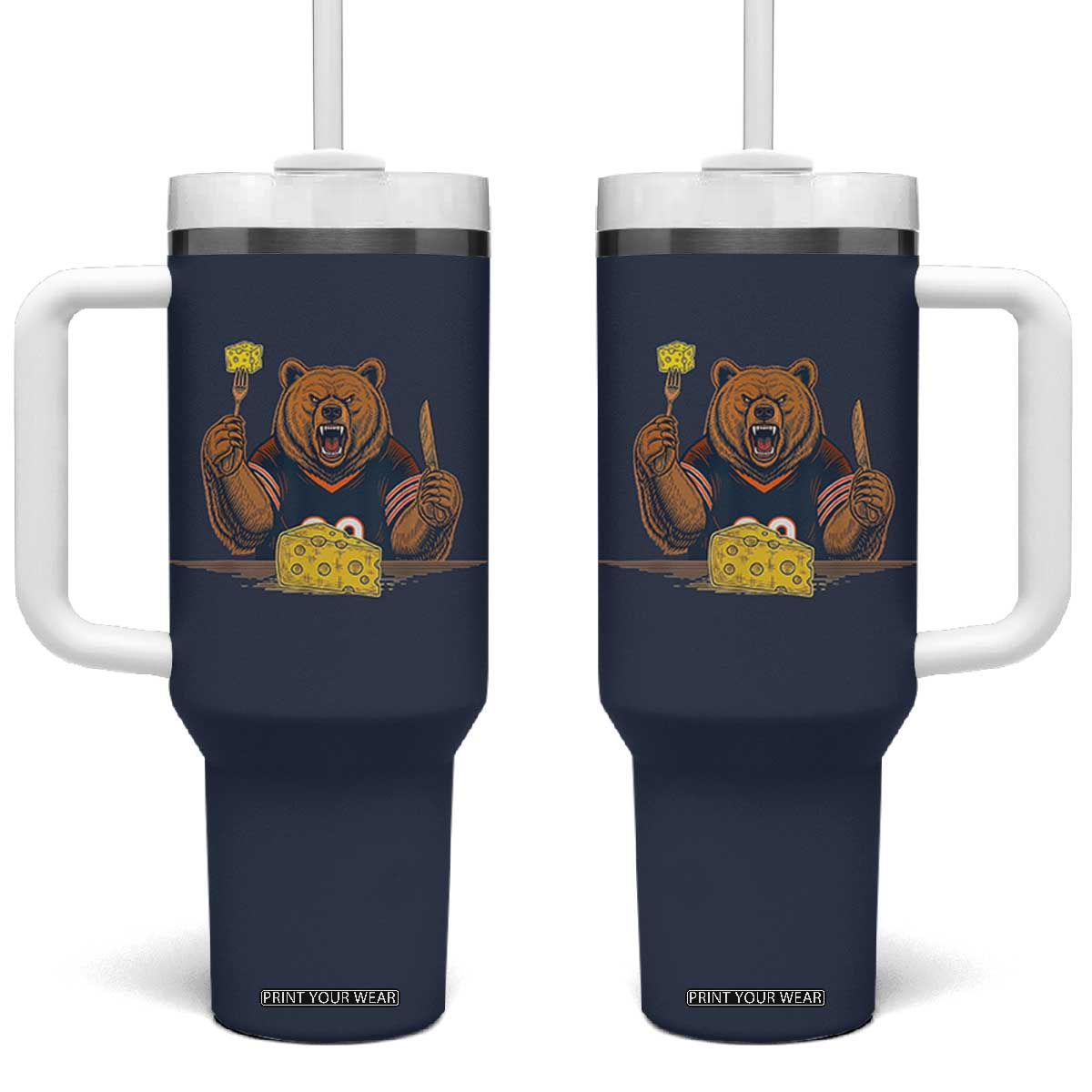 Fierce Bear Eating Cheese Tumbler With Handle Let's Eat Cheese Funny Sports Rivalry TS02 One Size: 40 oz Navy Print Your Wear
