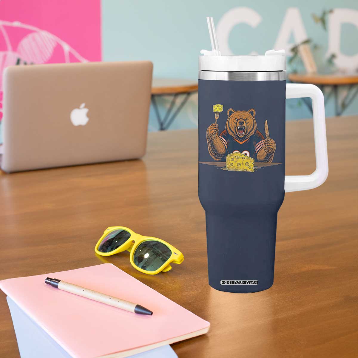 Fierce Bear Eating Cheese Tumbler With Handle Let's Eat Cheese Funny Sports Rivalry TS02 Print Your Wear