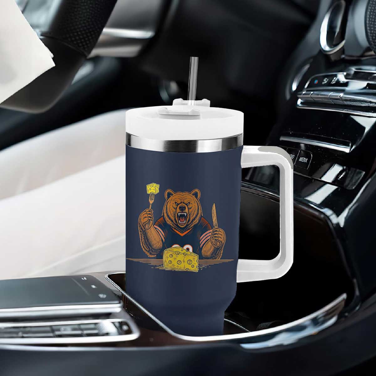 Fierce Bear Eating Cheese Tumbler With Handle Let's Eat Cheese Funny Sports Rivalry TS02 Print Your Wear