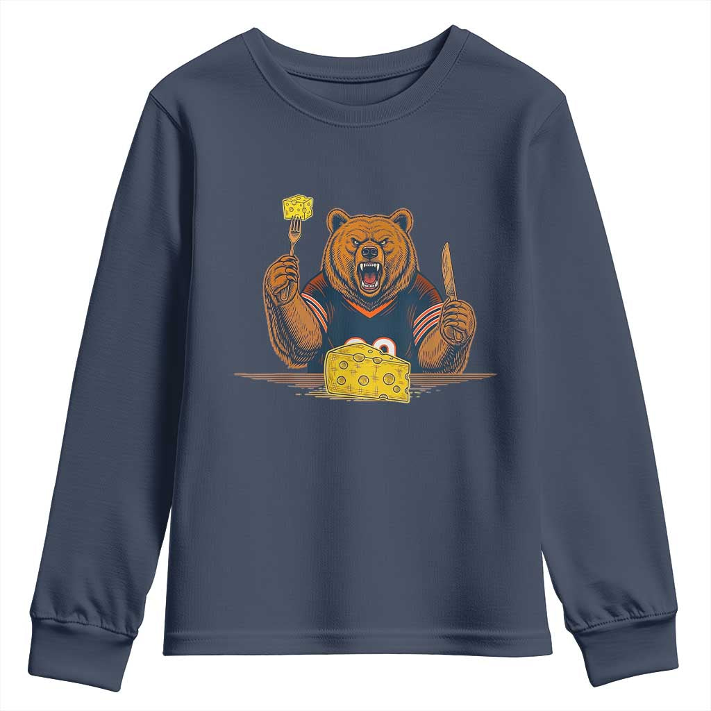 Fierce Bear Eating Cheese Youth Sweatshirt Let's Eat Cheese Funny Sports Rivalry TS02 Navy Print Your Wear