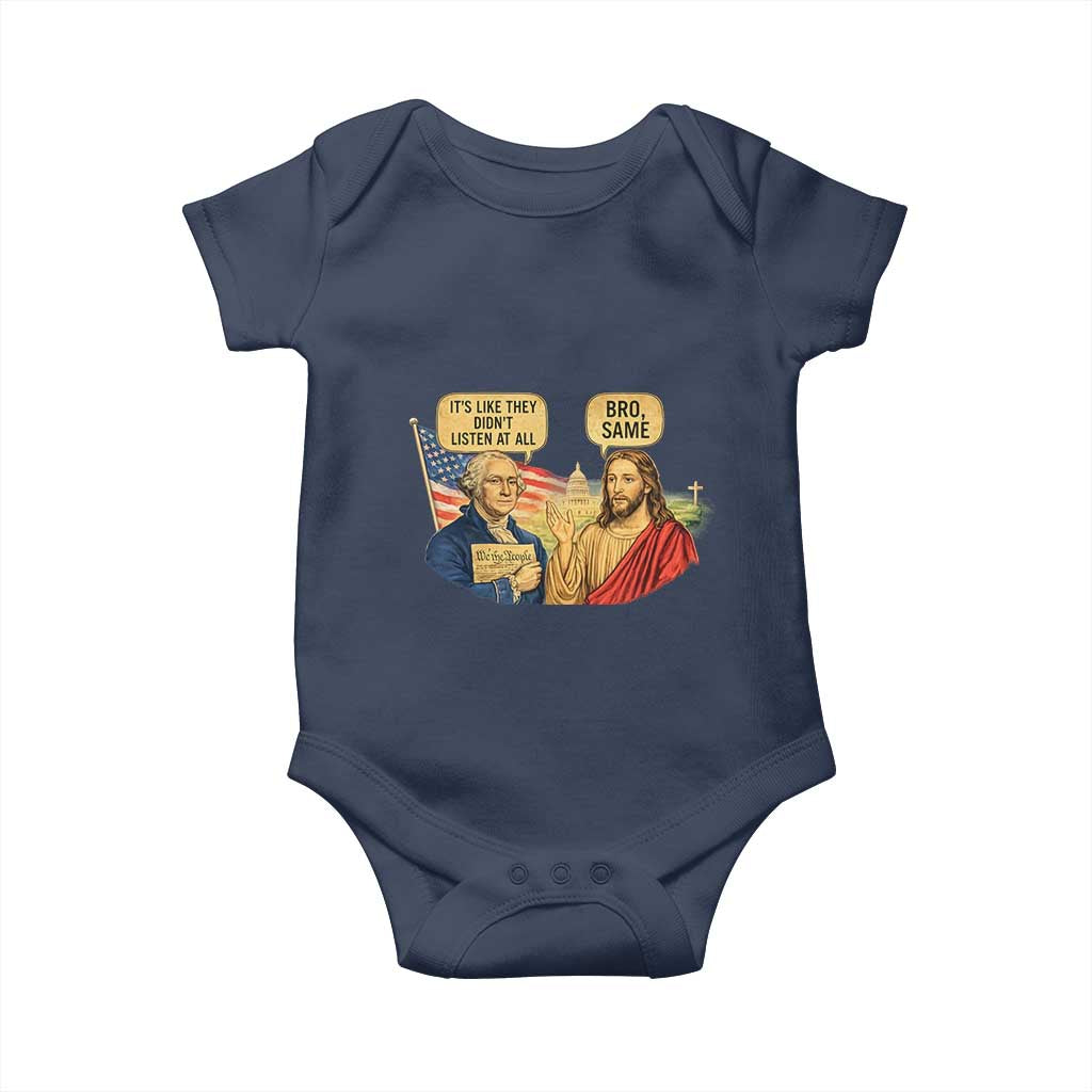 Funny George Washington and Jesus Conversation Baby Onesie Patriotic Commentary Historical Icons TS02 Navy Print Your Wear