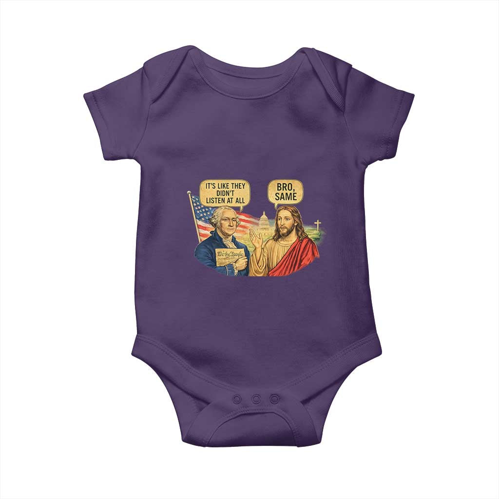 Funny George Washington and Jesus Conversation Baby Onesie Patriotic Commentary Historical Icons TS02 Purple Print Your Wear