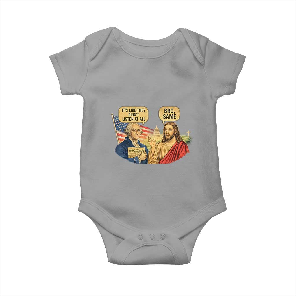 Funny George Washington and Jesus Conversation Baby Onesie Patriotic Commentary Historical Icons TS02 Sport Gray Print Your Wear